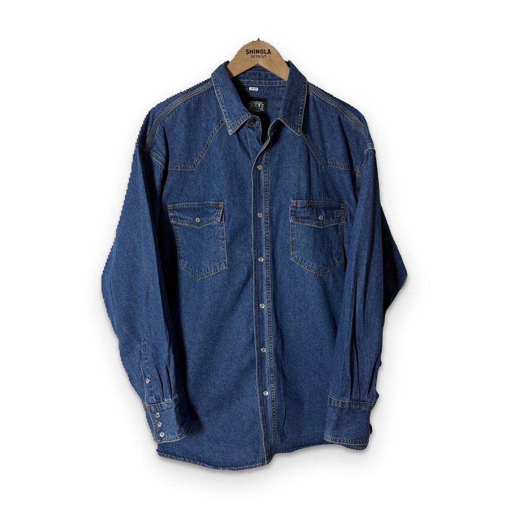 Key Industries Denim Western Shirt Mens XL Blue Pearl Snap Heavyweight Workwear